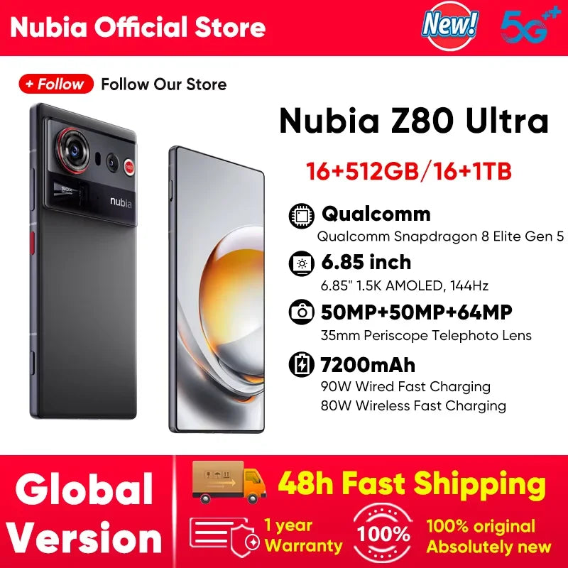 Teléfono Inteligente nubia Z80 Ultra 5G Oficial, Versión Global, Snapdragon 8 Elite Gen 5, 7200 mAh, Pantalla OLED de 6.85'' y 144 Hz, Carga Rápida de 90 W