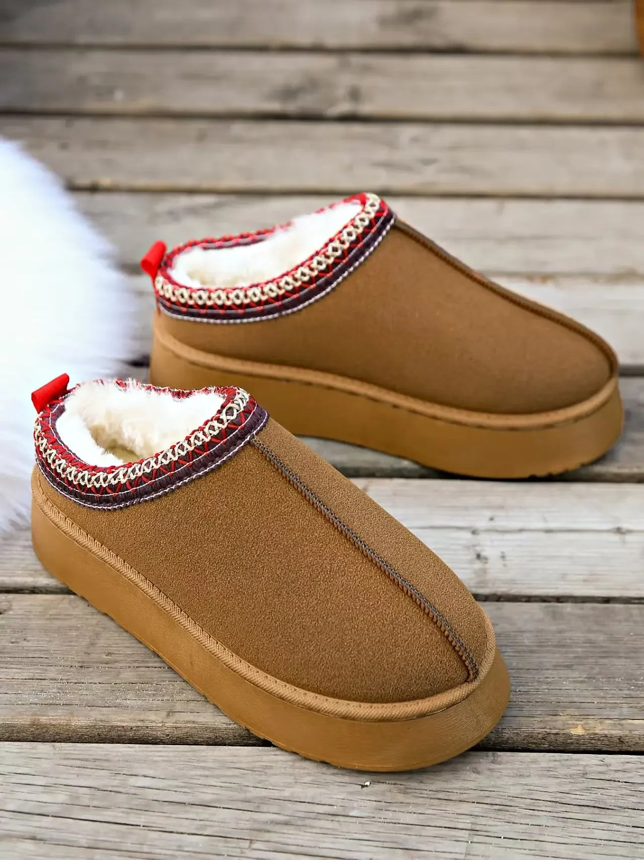 Zuecos de plataforma unisex con ribete étnico y forro de piel sintética