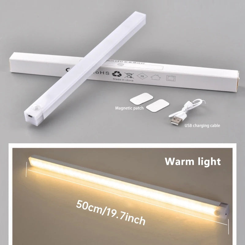 Luz LED para debajo del gabinete con sensor de movimiento, luz recargable para armario, lámpara nocturna magnética regulable para cocina, dormitorio, escaleras