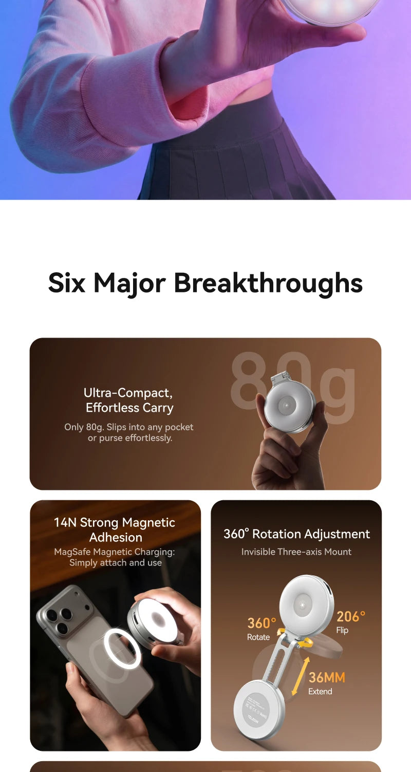 TELESIN Magnético 360 °   Mini Lámpara de Relleno RGB Giratoria, Luz para Selfies con 3 Modos de Color y Brillo Ajustables para Teléfonos Inteligentes iPhone y Android
