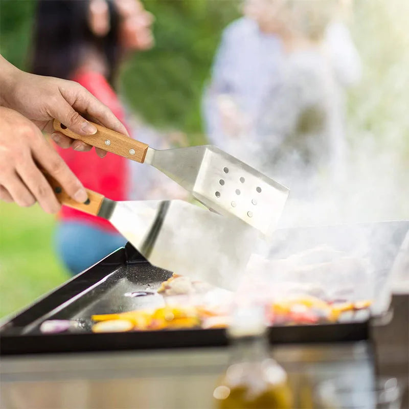 Espátula para plancha al aire libre, espátula para parrilla de acero inoxidable, raspador, espátula plana, aleta para panqueques, volteador de hamburguesas para asar JT596