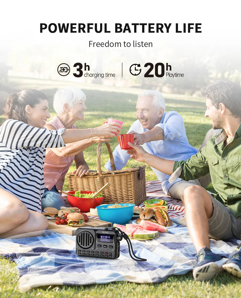 MLOVE BV800 Altavoz Bluetooth súper portátil con radio FM, pantalla LCD, antena, entrada auxiliar, disco USB, tarjeta TF, reproductor de MP3