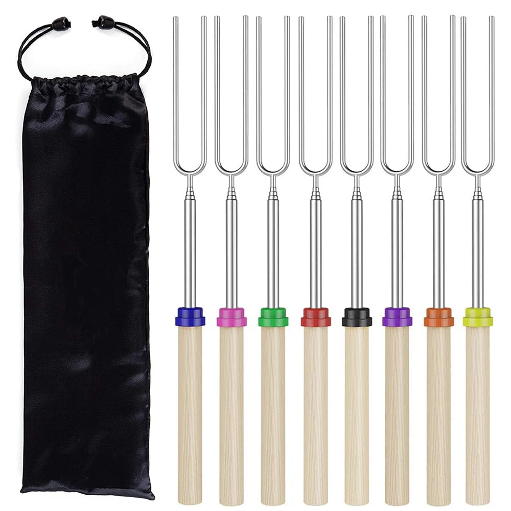 LMETJMA 8 Uds. Brochetas para barbacoa, palitos extensibles para asar malvavisco, brochetas telescópicas para barbacoa de acero inoxidable KC0467