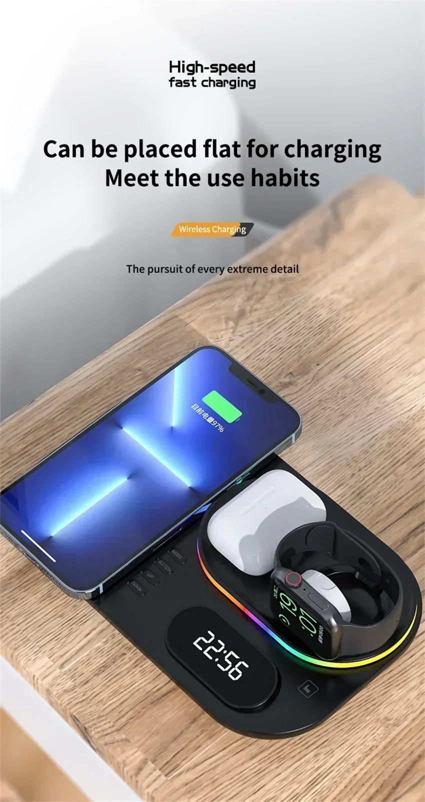 Base de Carga Inalámbrica 4 en 1, Estación de Carga Rápida de 15W para iPhone 12-17, Samsung Galaxy Watch, iWatch, Auriculares Xiaomi