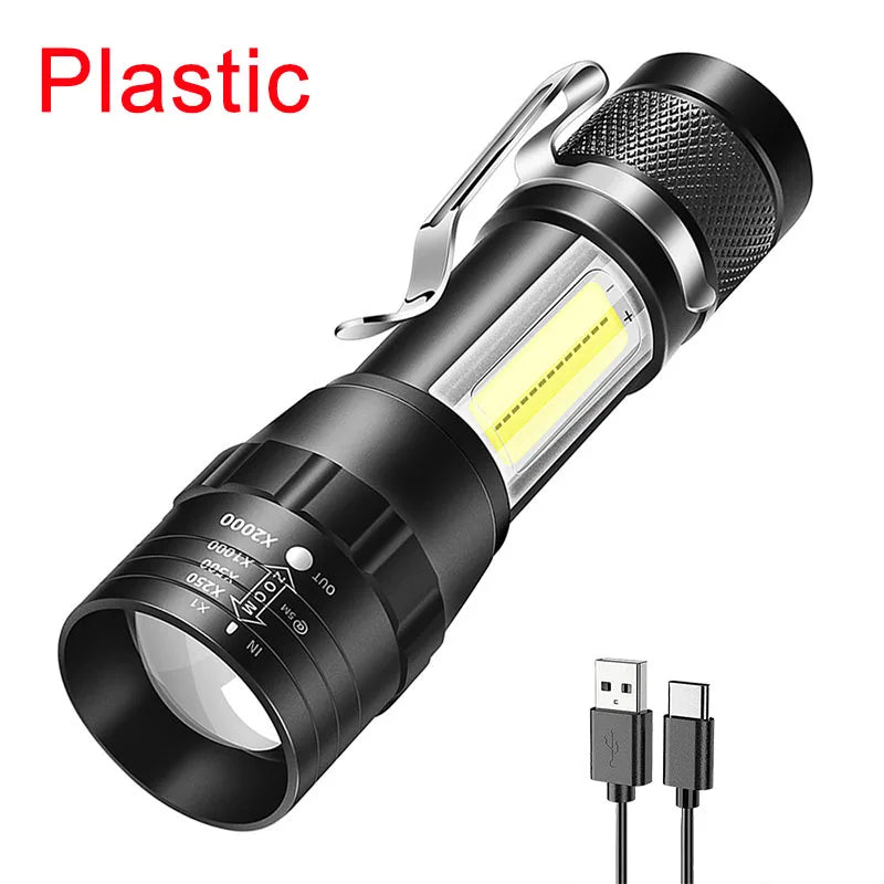 Linterna LED Recargable COB T6 con Zoom 3 Modos Impermeable