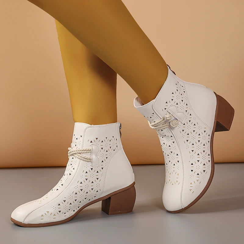NOVEDAD DE VERANO 2025, botines de tacón medio con suela suave y agujeros a la moda para mujer, zapatos cómodos transpirables Retro