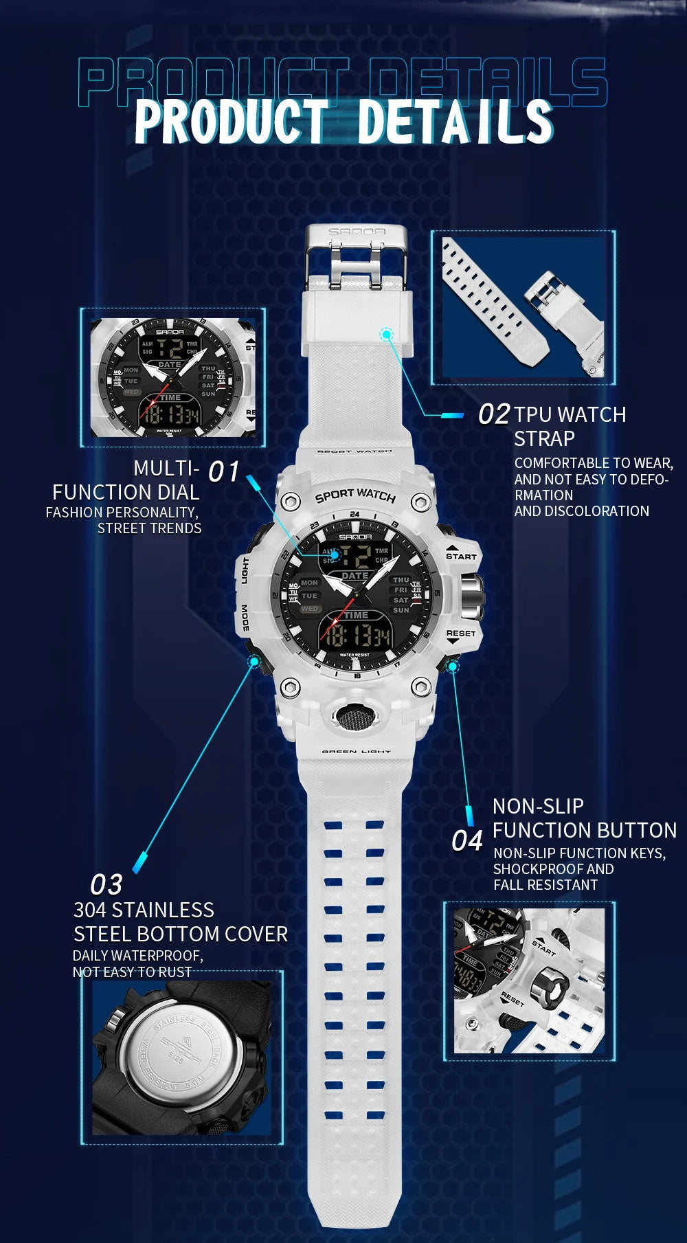 Reloj Deportivo Digital SANDA para Hombre con Doble Pantalla LED y Alarma