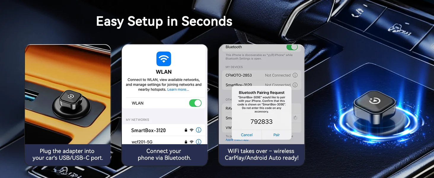Dongle inalámbrico CarPlay y Android Auto 2 en 1, conexión automática rápida, Plug & Play compacto para iPhone Android, USB A/USB-C sin retardo