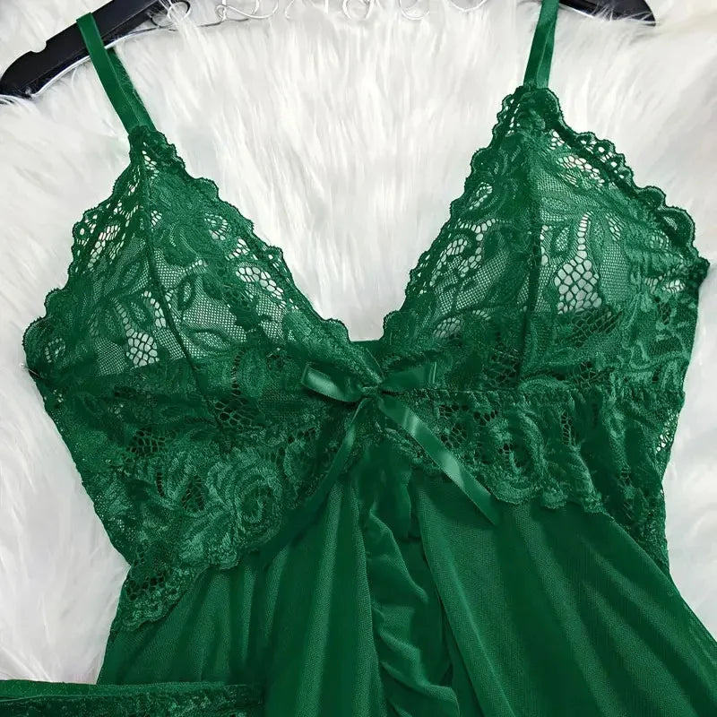 Conjunto de 2 Piezas de Camisón de Encaje para Mujer, Ropa de Dormir Elegante, Nuevo Pijama Verde Nocturno, Camisón Transparente con Abertura, Conjunto de Brasier y Panty con Cuello en V