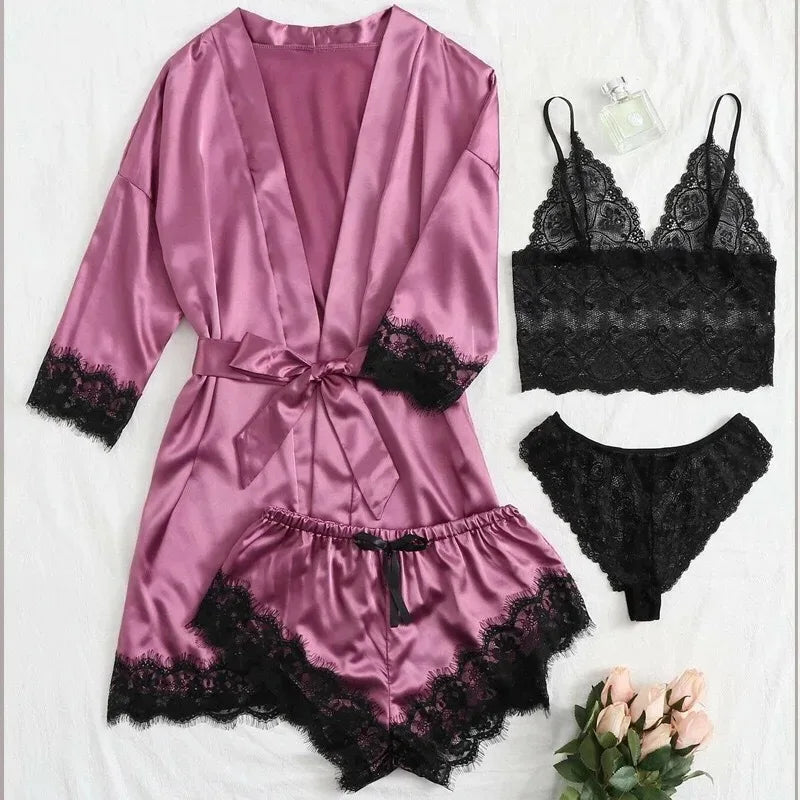 Conjunto Pijama de Satén 4 Piezas con Bata - Top con Encaje para Mujer