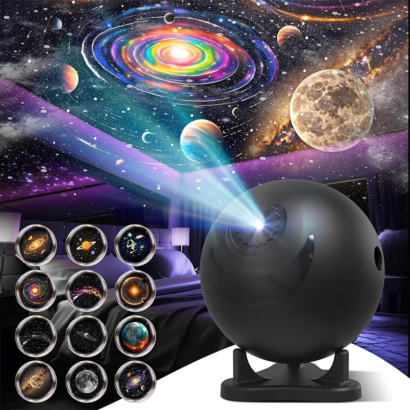 Proyector planetario para dormitorio, 12 discos de imágenes, proyectores de galaxia, luz nocturna de estrellas, iluminación de ambiente de techo, lámpara espacial