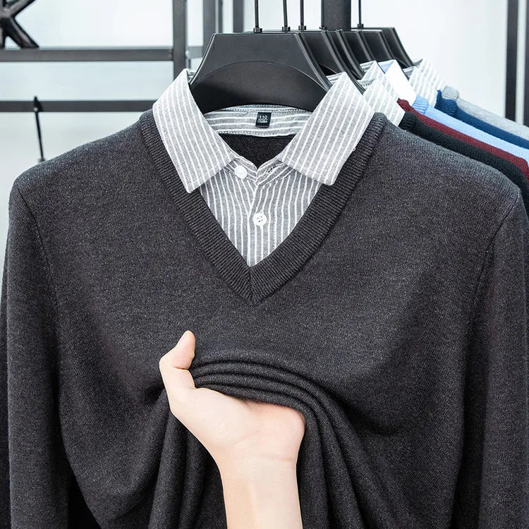 Suéter de punto con cuello de camisa para hombre, azul claro (6 colores), diseño falso de dos capas, estilo informal de negocios    Ajuste elástico y cómodo