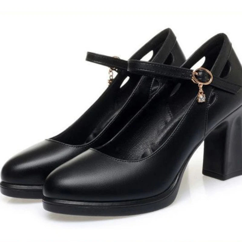 2025 Primavera/otoño Nuevos zapatos de tacón de trabajo profesionales negros para mujer - Zapatos de vestir de tacón medio con plataforma y correa, zapatos de oficina para madres