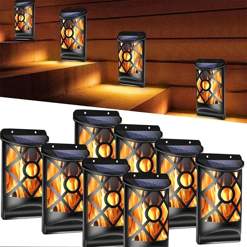 Luces solares de llama para exteriores, diseño de celosía para jardín, camino, patio, decoración navideña, luces de pared parpadeantes impermeables, 96LED