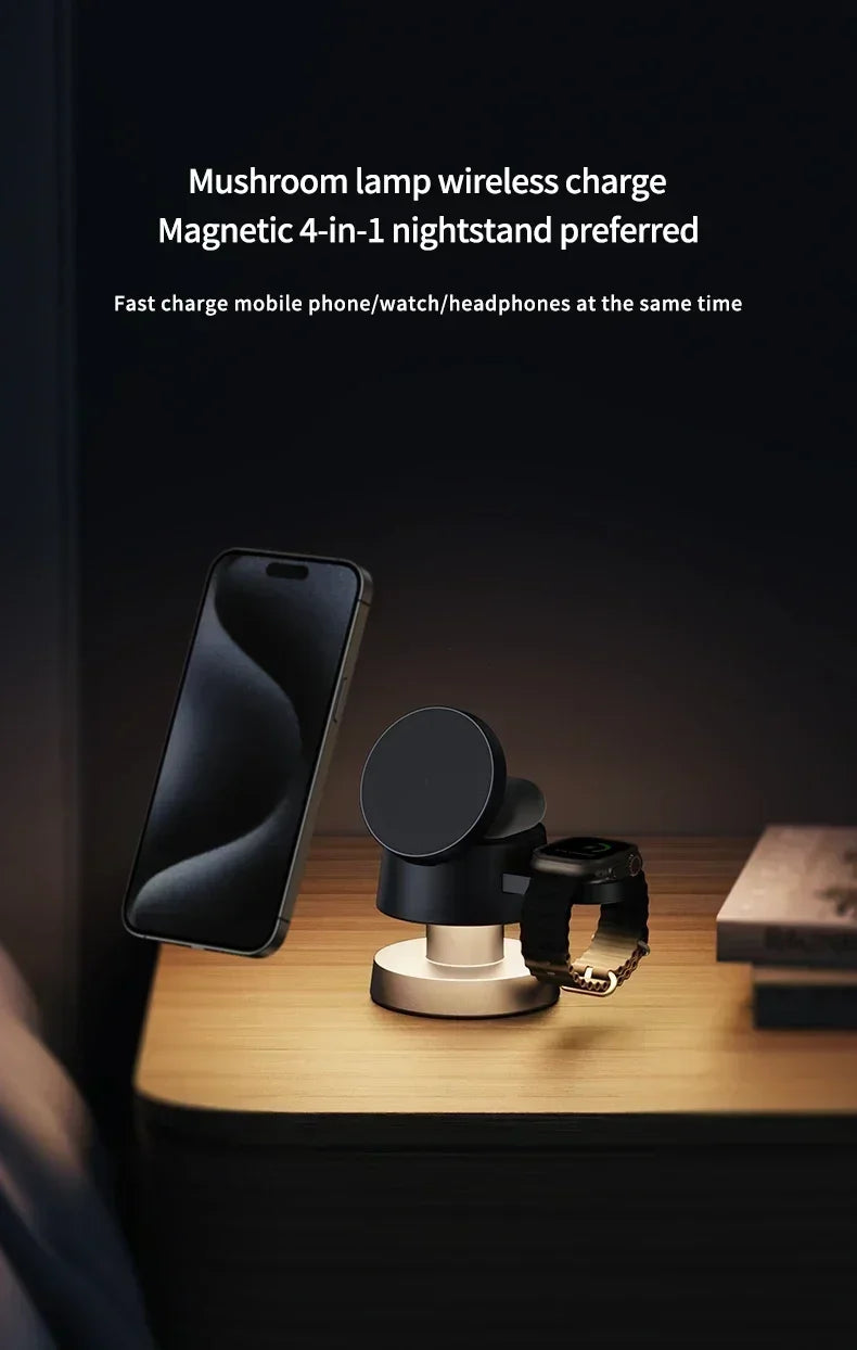 Base de Carga Inalámbrica Magnética 3 en 1 con Luz Nocturna Integrada, Estación de Carga Rápida para Teléfono Celular, Reloj y Auriculares de Escritorio