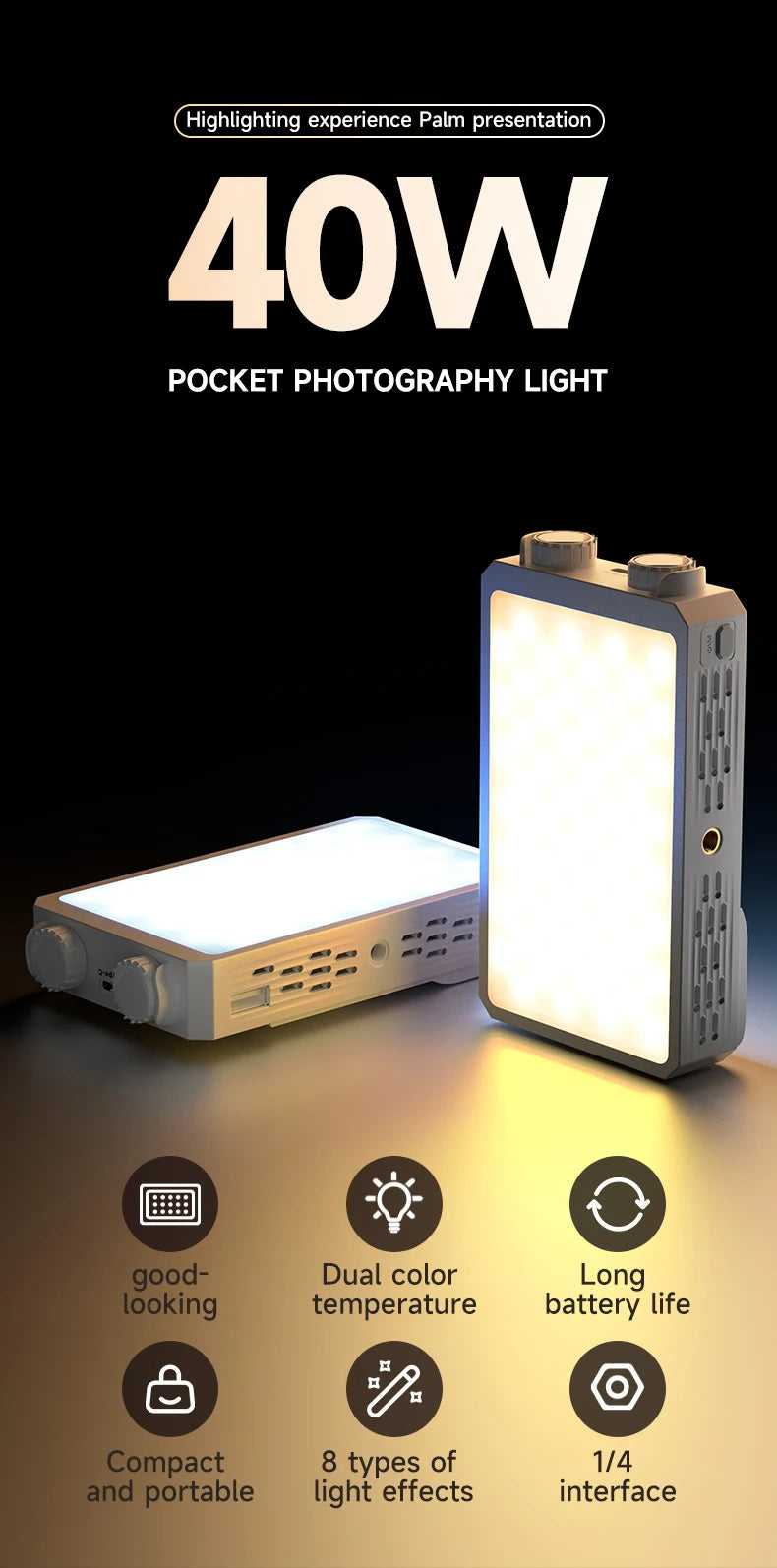 Luz de relleno de mano de 40W, luz portátil de bolsillo para Selfie, fotografía al aire libre, luz LED suave, luz de belleza con ventilador, luz superior para cámara