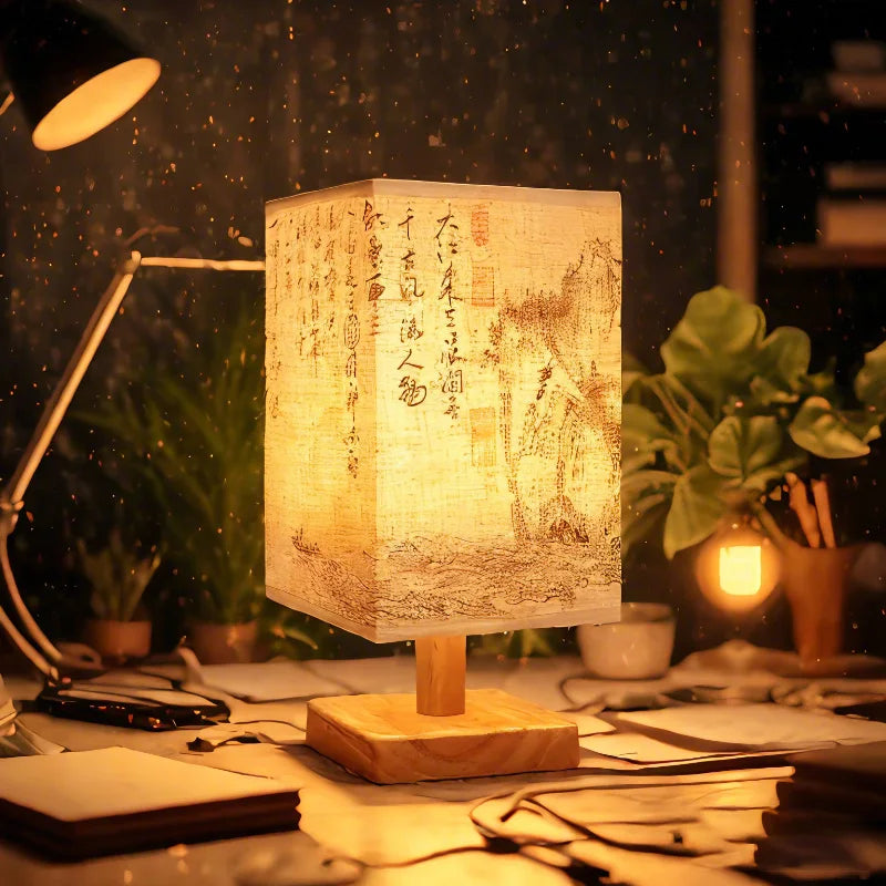 Lámparas de mesa de decoración LED, enchufe regulable Simple, luz nocturna, pantalla de tela, luces cuadradas para dormitorio, mesita de noche de estilo chino