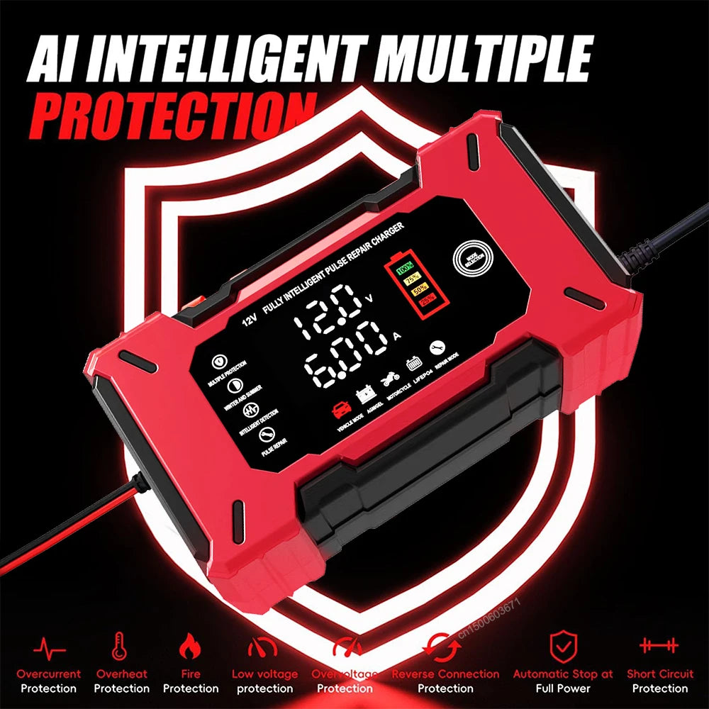 Cargador de batería inteligente 12V 6A con reparación por pulsos para autos y motos