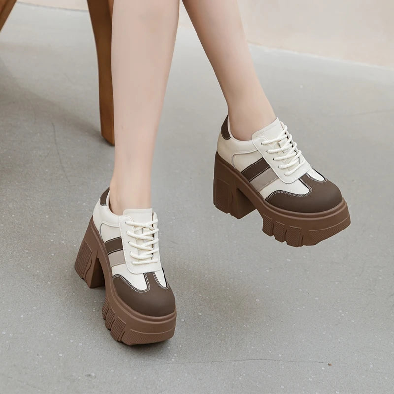 Zapatos de Tacon Alto con Plataforma para Mujer - Cuero con Cordones