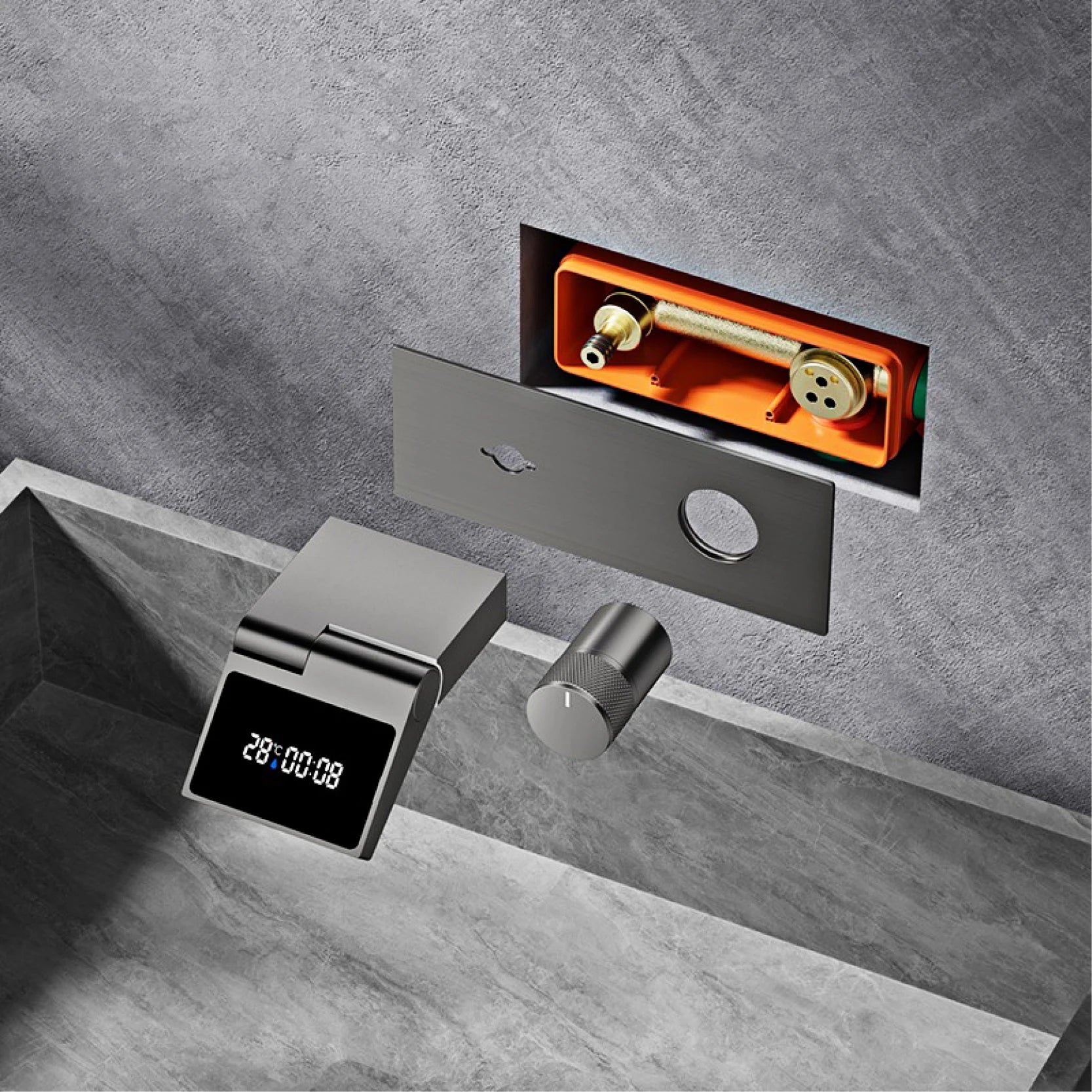 Grifo de baño montado en la pared de latón gris con pistola de lujo con pantalla digital LED Grifo de baño integrado de agua fría y caliente con una sola manija