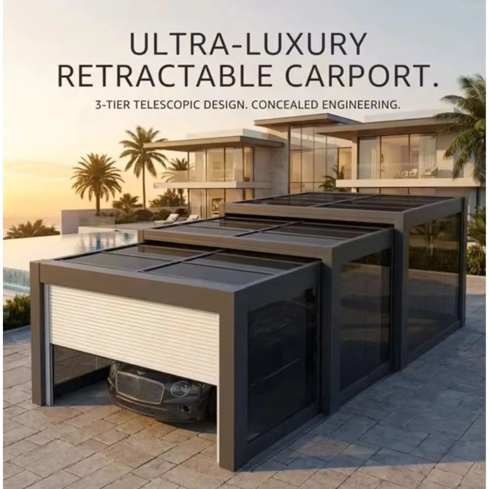 Toldo Retráctil Eléctrico Plegable de Aluminio, Techo Inteligente Automático para Garaje, Cochera, Hotel, Villa Residencial