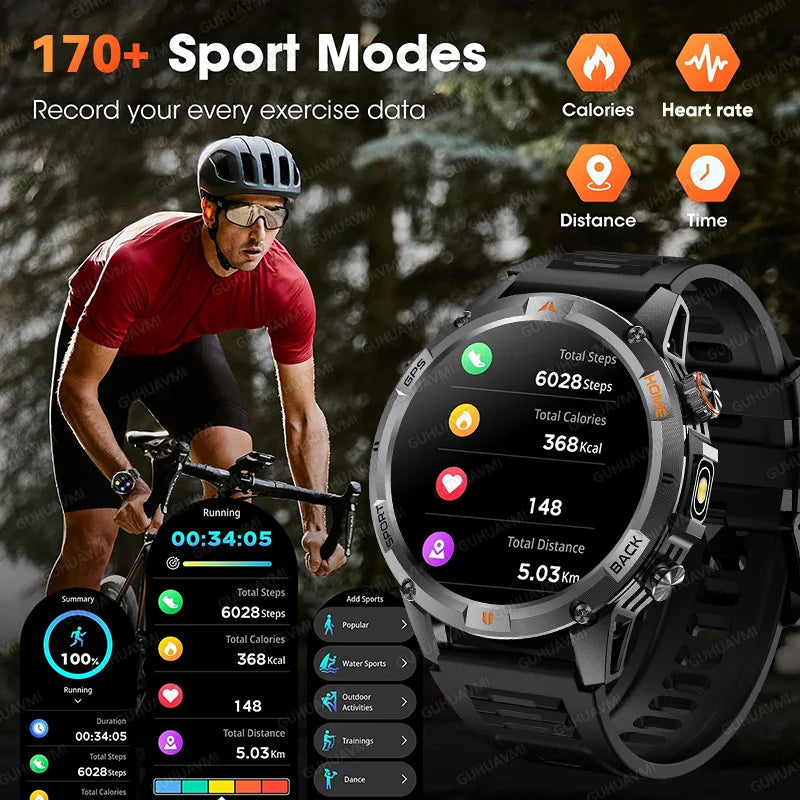 2026 nuevo reloj inteligente militar GPS para hombres construcción GPS linterna LED 10ATM impermeable ritmo cardíaco deporte BT llamada HD AMOLED Smartwatch