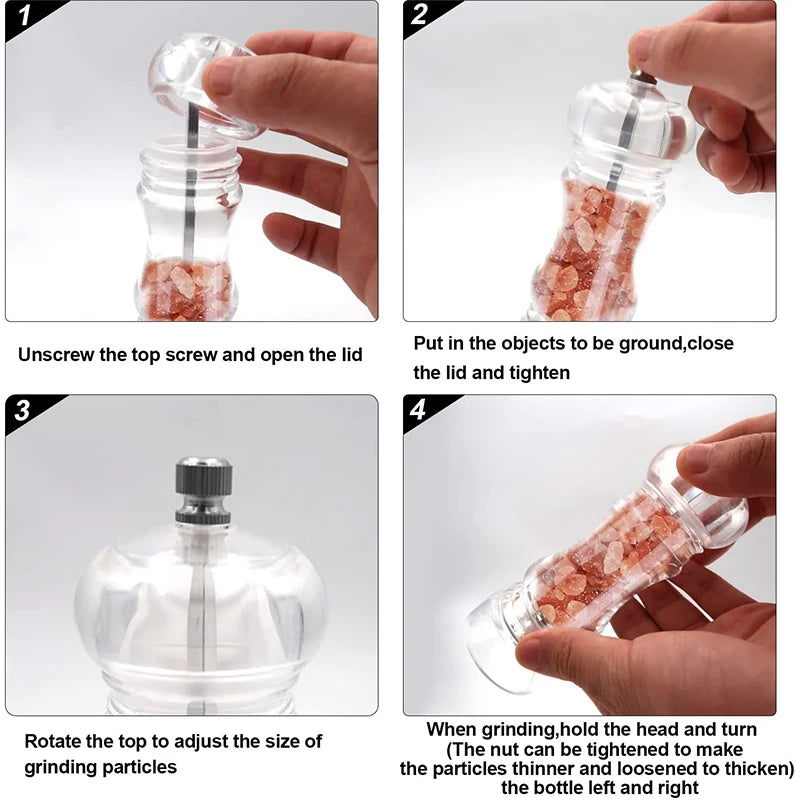 LMETJMA Molinillo de sal y pimienta acrílica transparente con molinos de aspereza ajustables Molinillo de sal y pimienta de mar recargable JT133