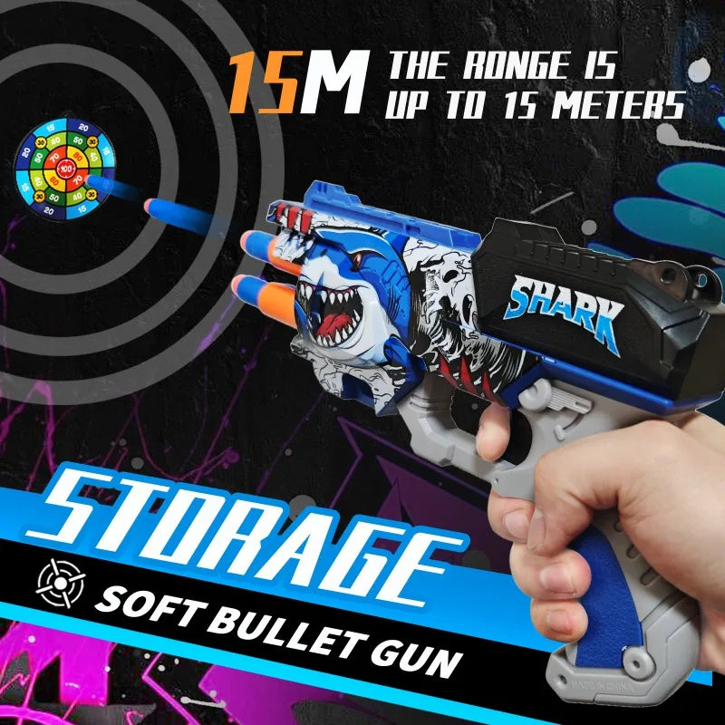 Set de Pistola de Juguete Interactiva de 4 Disparos con Diseño de Tiburón y Dardos de Espuma EVA, con Correa para la Muñeca, Juego de Tiro, Regalo