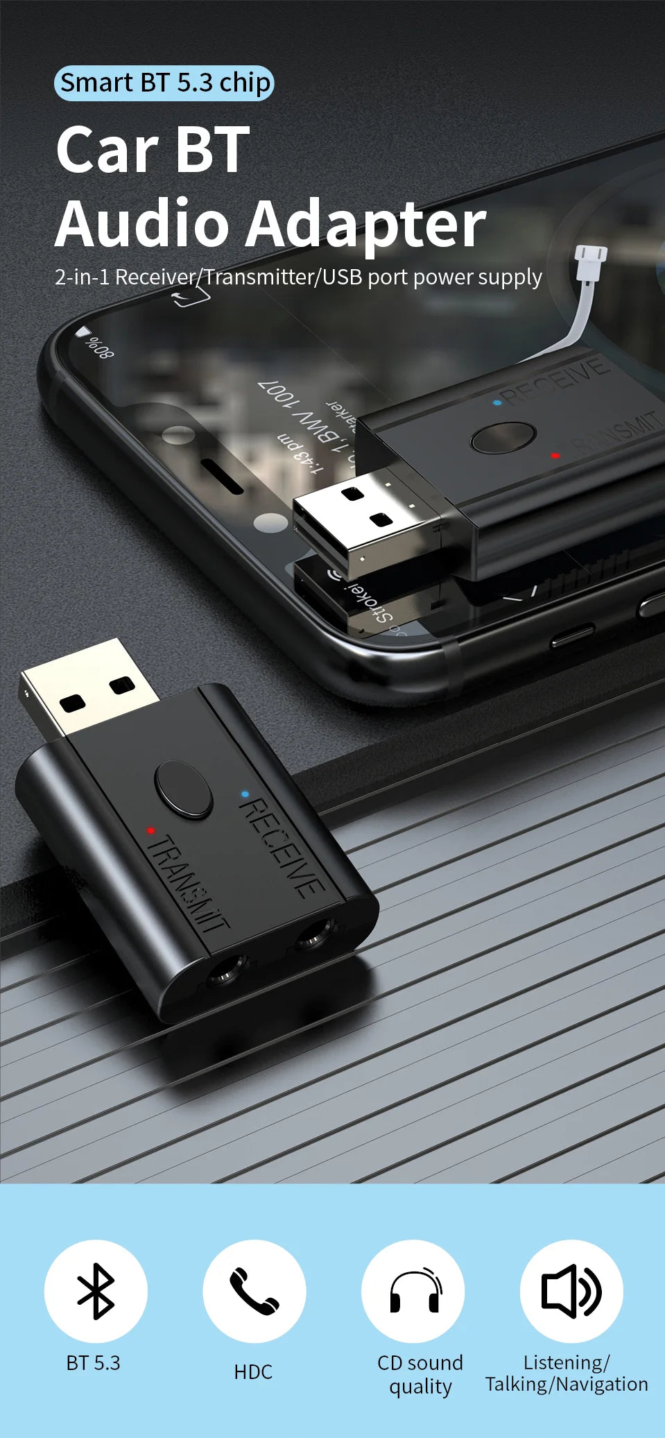 Adaptador USB Bluetooth 5.3 2 en 1 Receptor Transmisor Audio AUX 3.5mm