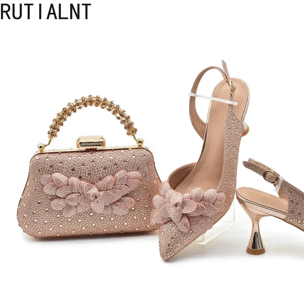 Sandalias con Strass de Tacón Alto para Mujer - Conjunto Zapatos y Bolso