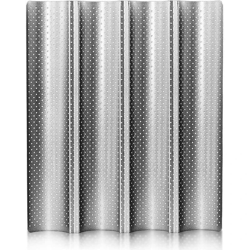 LMETJMA Pan para hornear pan francés perforado antiadherente, sartén Baguette de acero al carbono, pan francés, 4 pan ondulados, molde para hornear pan JT158