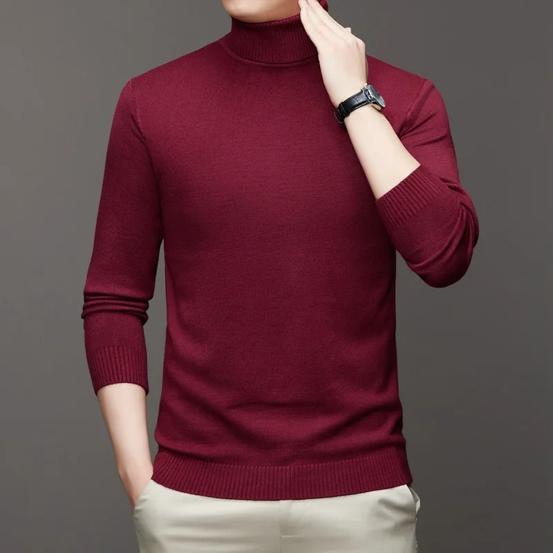 2025 nuevos suéteres de punto para hombre, jerseys transpirables de cuello alto de Color sólido, ropa de calle básica cálida para exteriores, Tops de negocios de otoño