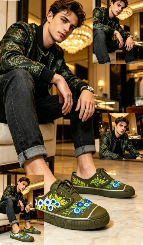 Zapatillas Deportivas Bordadas a Mano Personalizadas Heritage Liberation para Mujer, Color Verde Militar, Antideslizantes y Resistentes al Desgaste