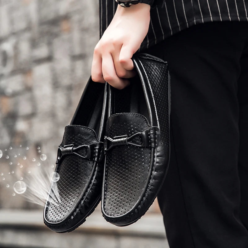 Mocasines de cuero genuino sin cordones para hombre, elaborados a mano