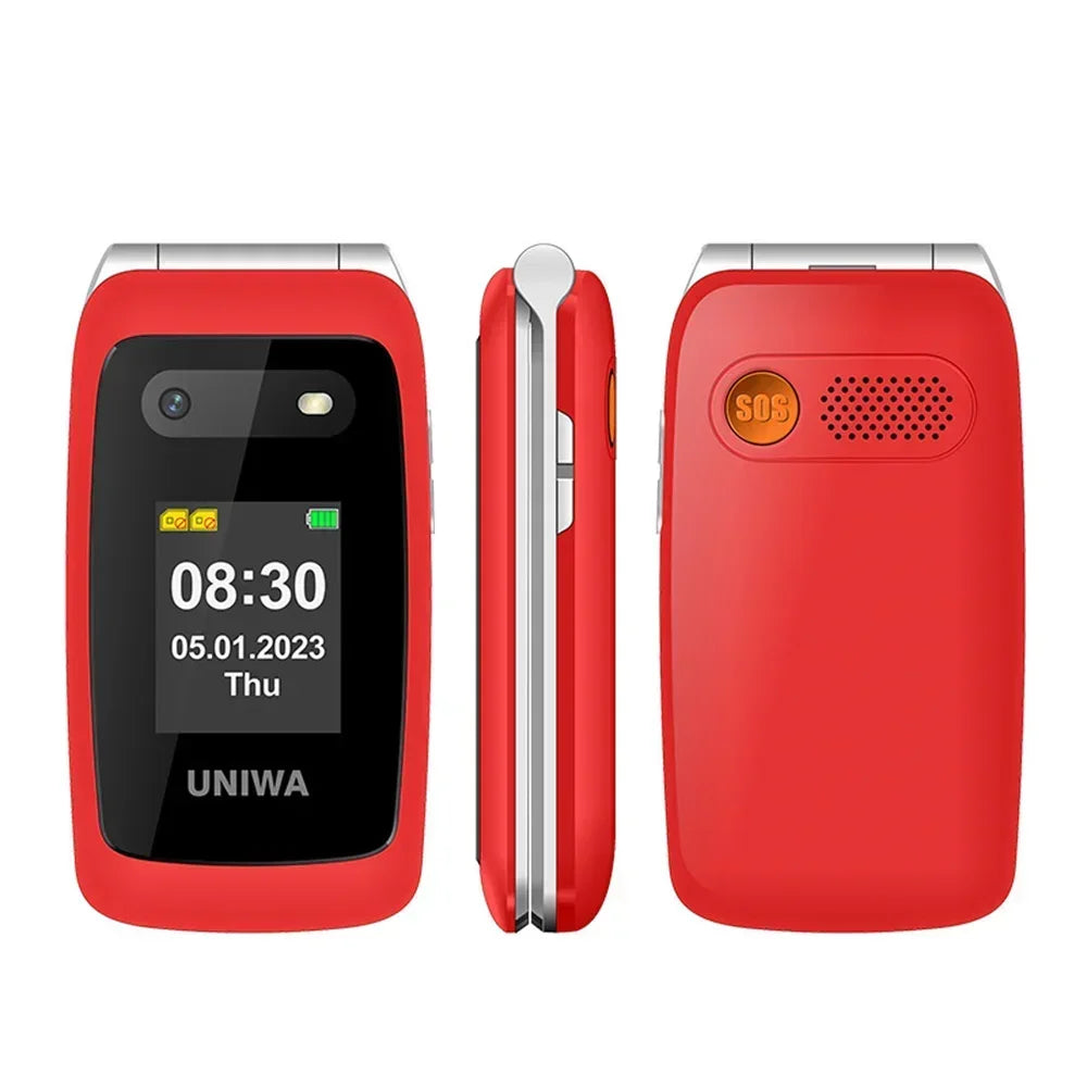 UNIWA V202T teléfono abatible pantalla Dual botón grande tarjetas SIM duales red 4G soporte para teléfono móvil base de carga para personas mayores