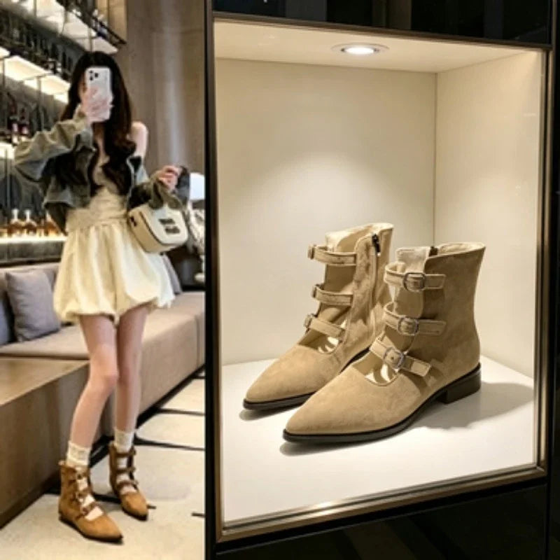 Botines de mujer en ante con hebillas y cremallera, estilo retro occidental
