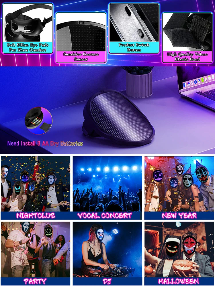 Máscara con luz LED para fiesta, detección de gestos, pantalla inteligente, máscaras faciales LED, programable, Control por aplicación Bluetooth, máscara transformadora