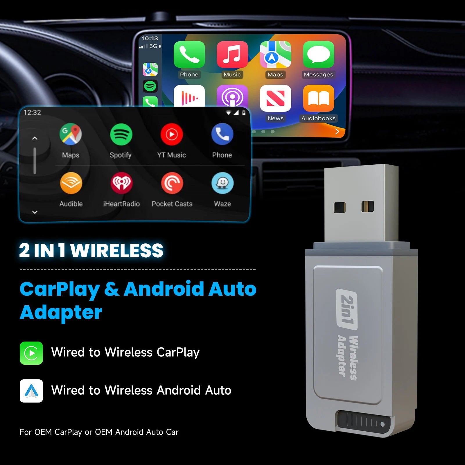 Actualización 2025: adaptador inalámbrico CarPlay, enchufe y enchufe, conexión automática, sin retraso, convierte cable a inalámbrico, Compatible con iPhone y Android