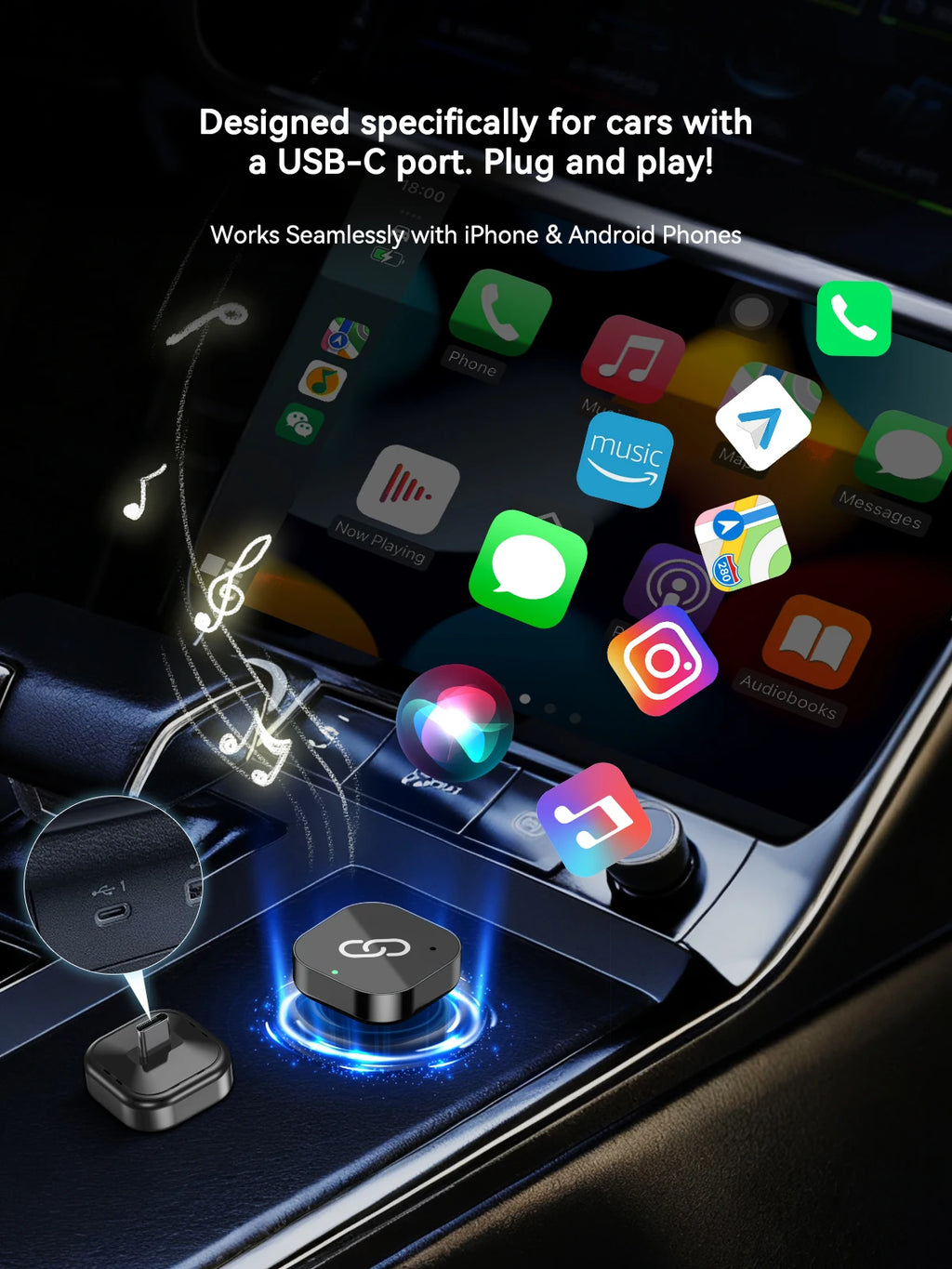 (Tipo C) CarPlay inalámbrico Apapter USB C / Android Auto USB C para converte con cable a inalámbrico, Plug & Play, Dongle carplay 2 en 1 nuevo