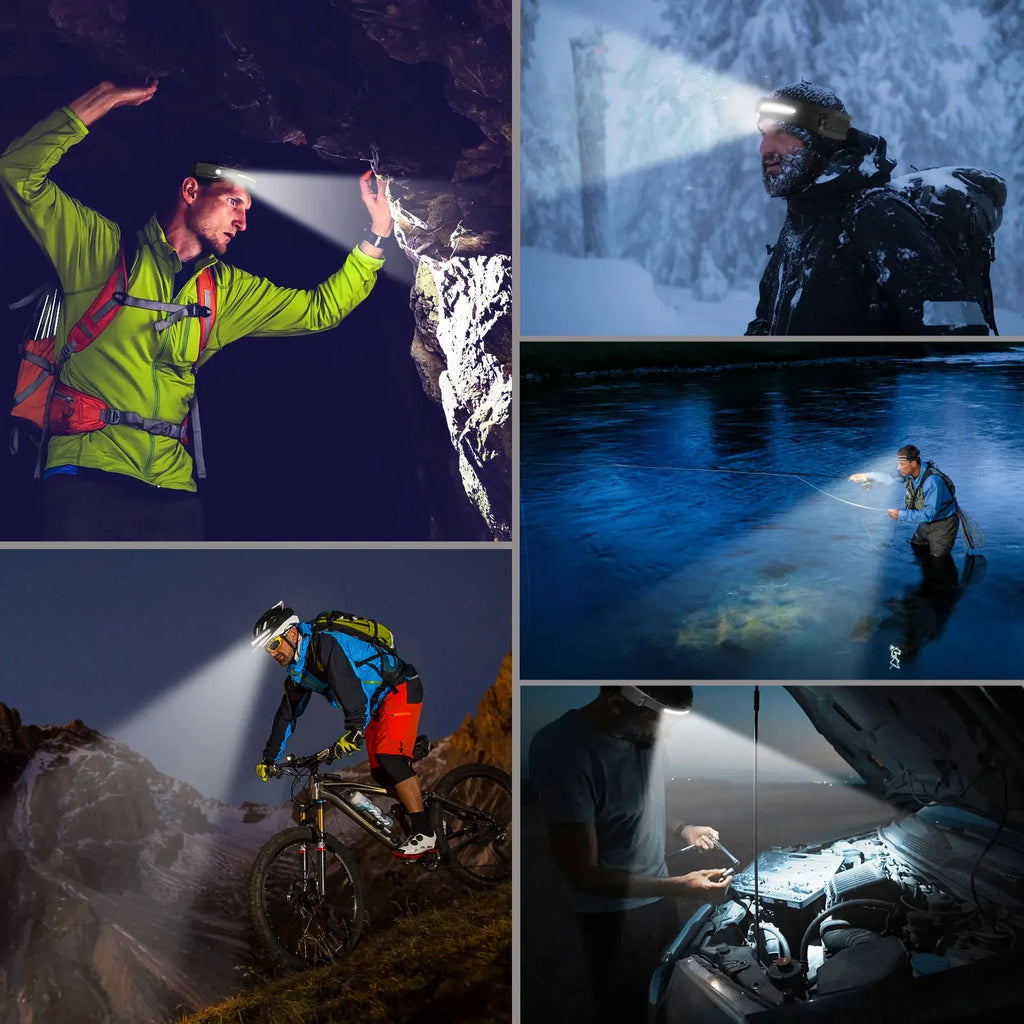 Linterna Frontal LED Recargable USB con Sensor para Camping y Pesca