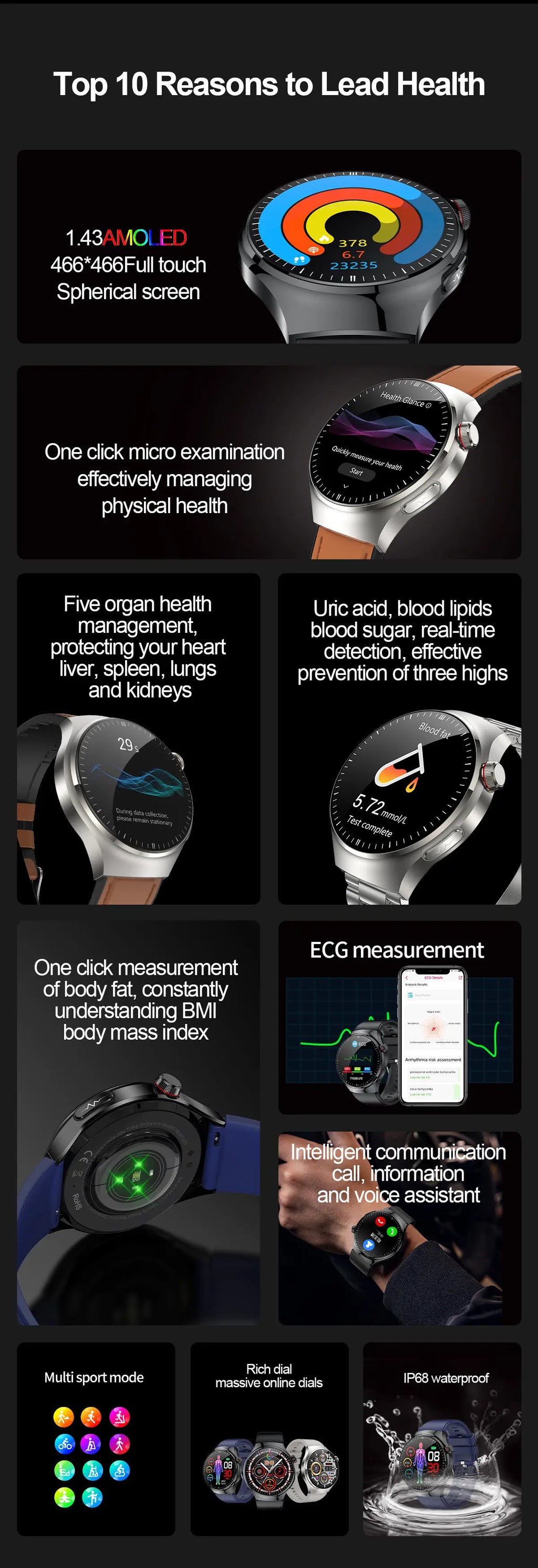 Reloj Inteligente Médico ECG Glucosa Ácido Úrico