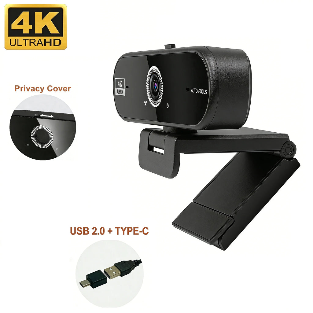 Cámara web 4K UHD 8MP con enfoque automático y cancelación de ruido AI