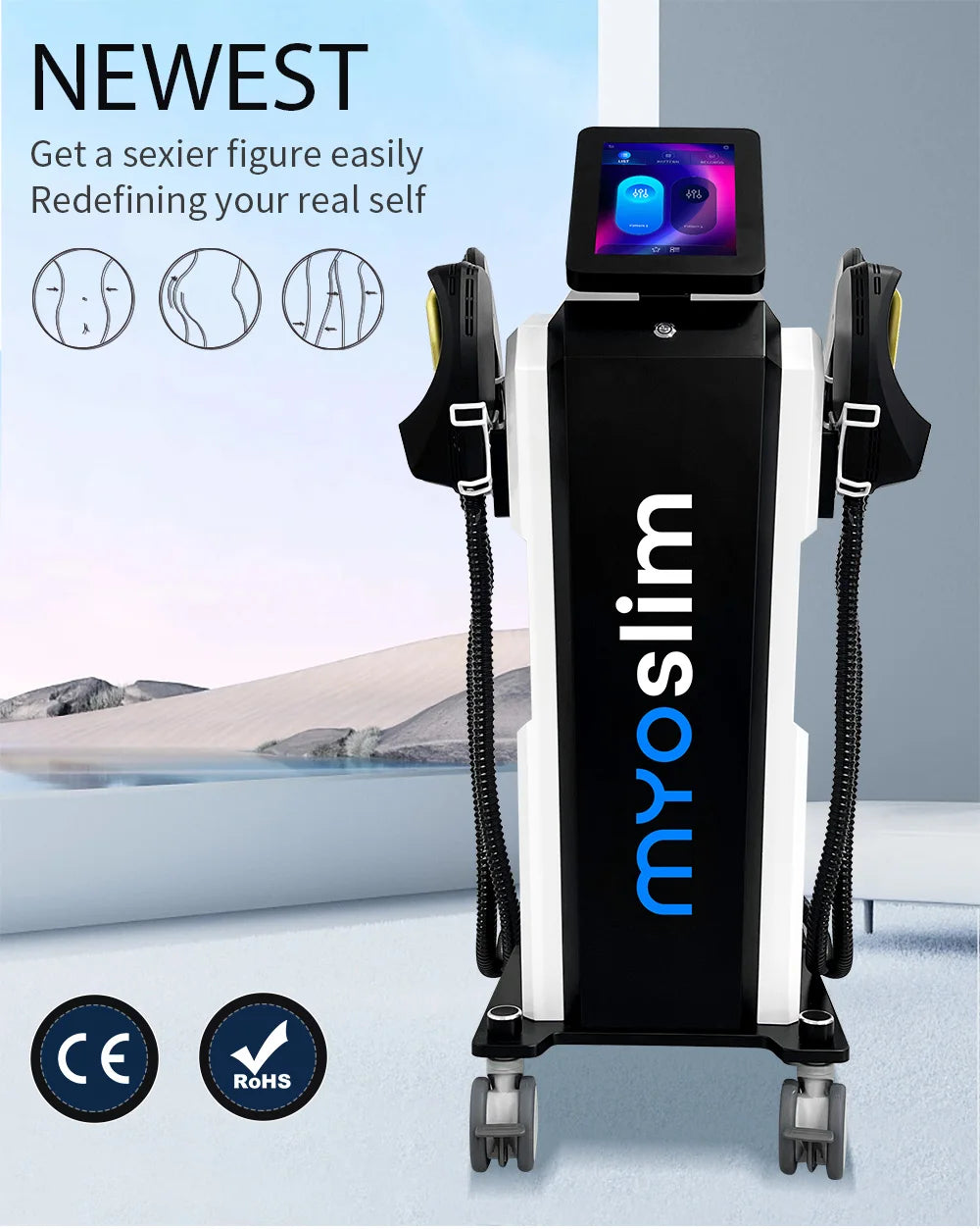 Myoslim 15 Tes 6500W NEO Slimming Nova, Quemador de Grasa, Estimulación Muscular EMS, Estimulación Electromagnética Corporal, Pantalla Plegable Profesional