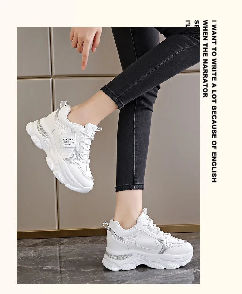 Zapatillas de deporte ultraligeras con suela gruesa para mujer, zapatos deportivos blancos informales, cómodos y transpirables, para primavera y otoño