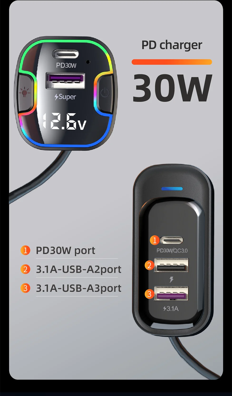 Cargador de Auto PD30W 5 Puertos con USB-C y Extensión para Asientos Traseros
