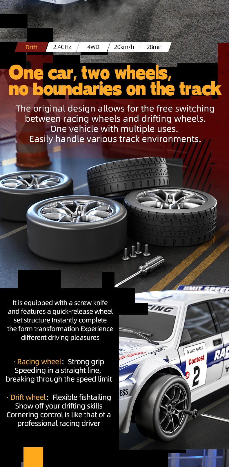 2025 4WD RC Car escala 1:24 tracción en las cuatro ruedas Drift con dos configuraciones de velocidad 20 km/h luz LED juguetes para niños recargable SG204PRO