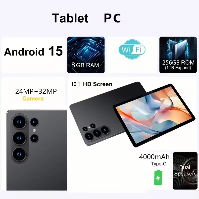 Tablet Android 15 de 8GB+256GB, Tablet con Cámara HD y Batería de 4000mAh, Tablet Android Multifuncional