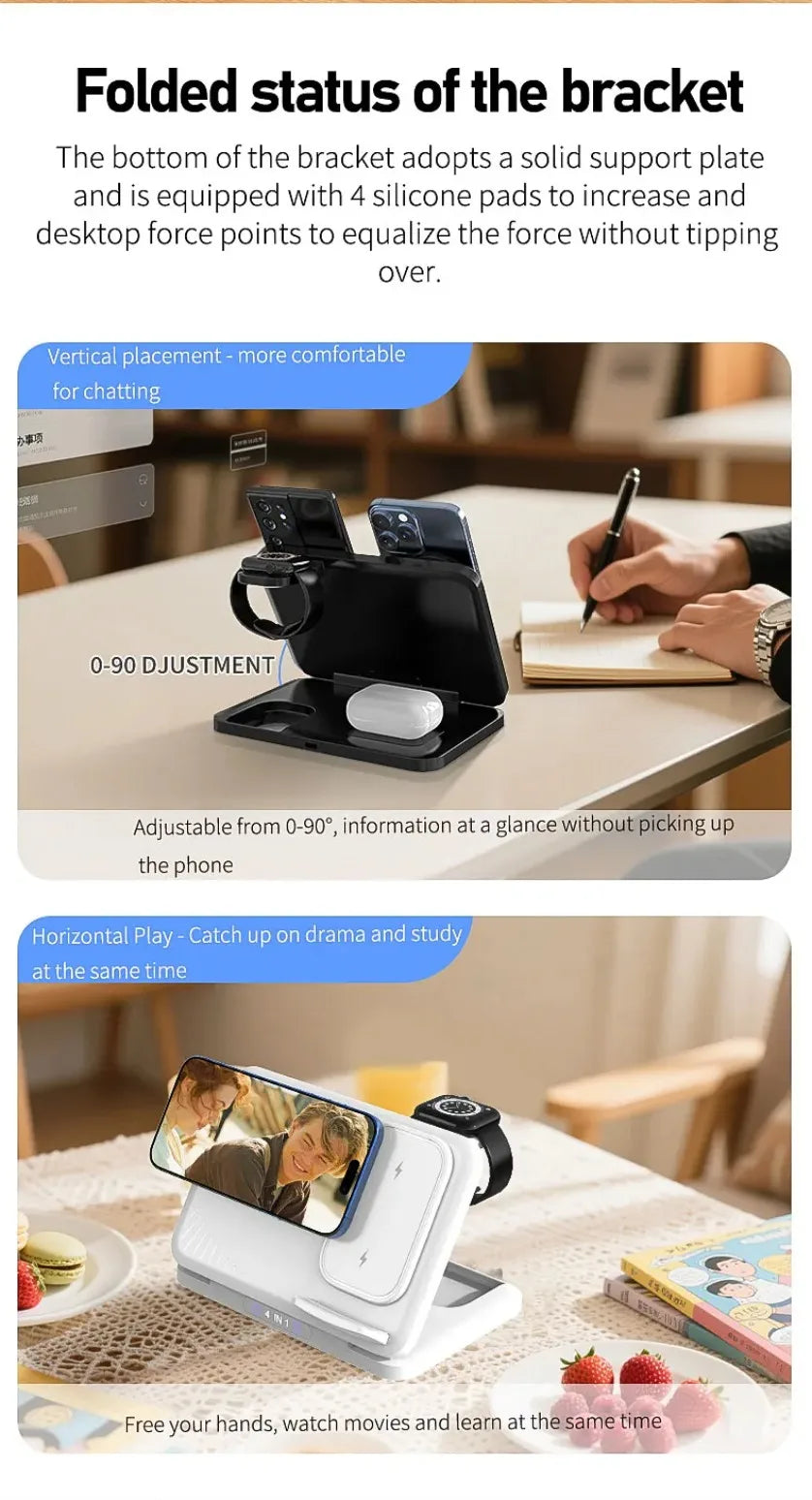 Cargador Inalámbrico 4 en 1 para Dos Teléfonos, Compatible con iPhone 17~12, Samsung S25, Xiaomi, Airpods Pro, Apple Watch 11~2, Carga Rápida Magnética