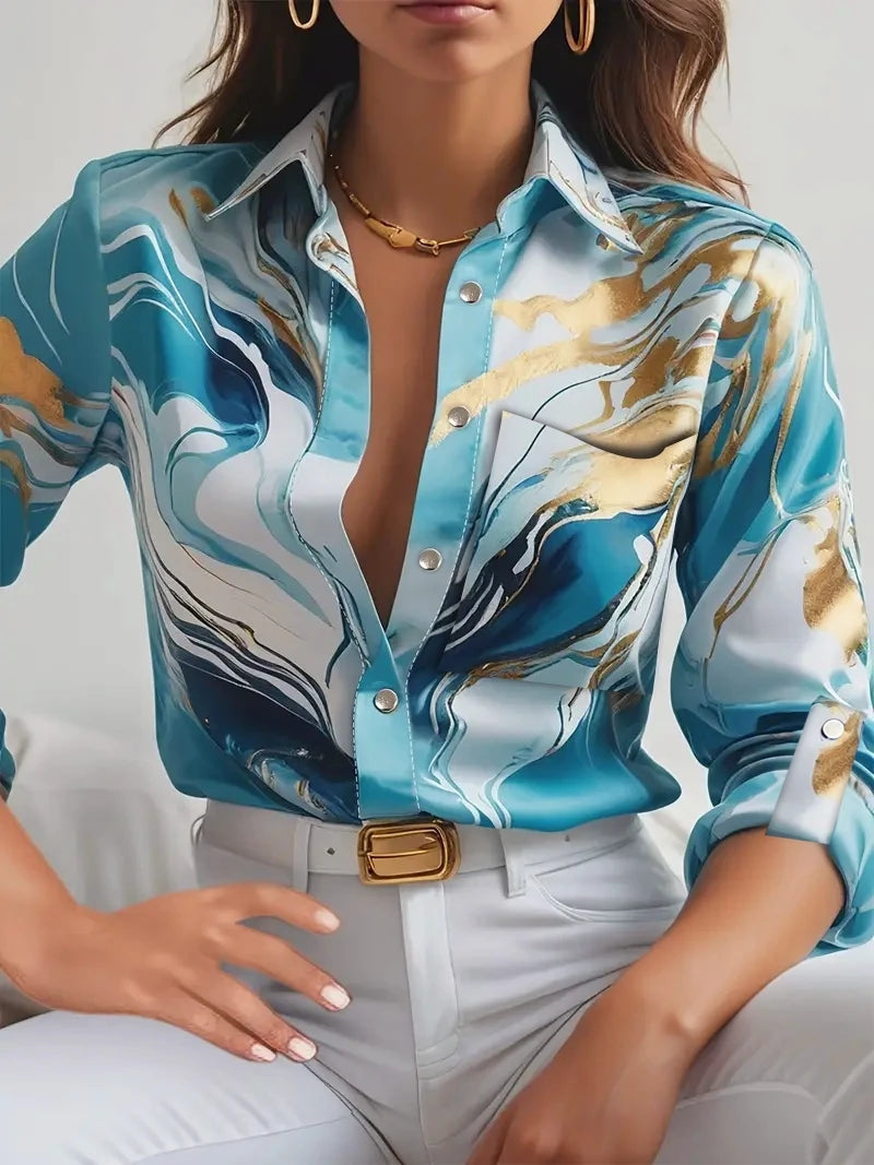 Camisa de Manga Larga con Botones y Cuello en V Estampada para Mujer, Informal