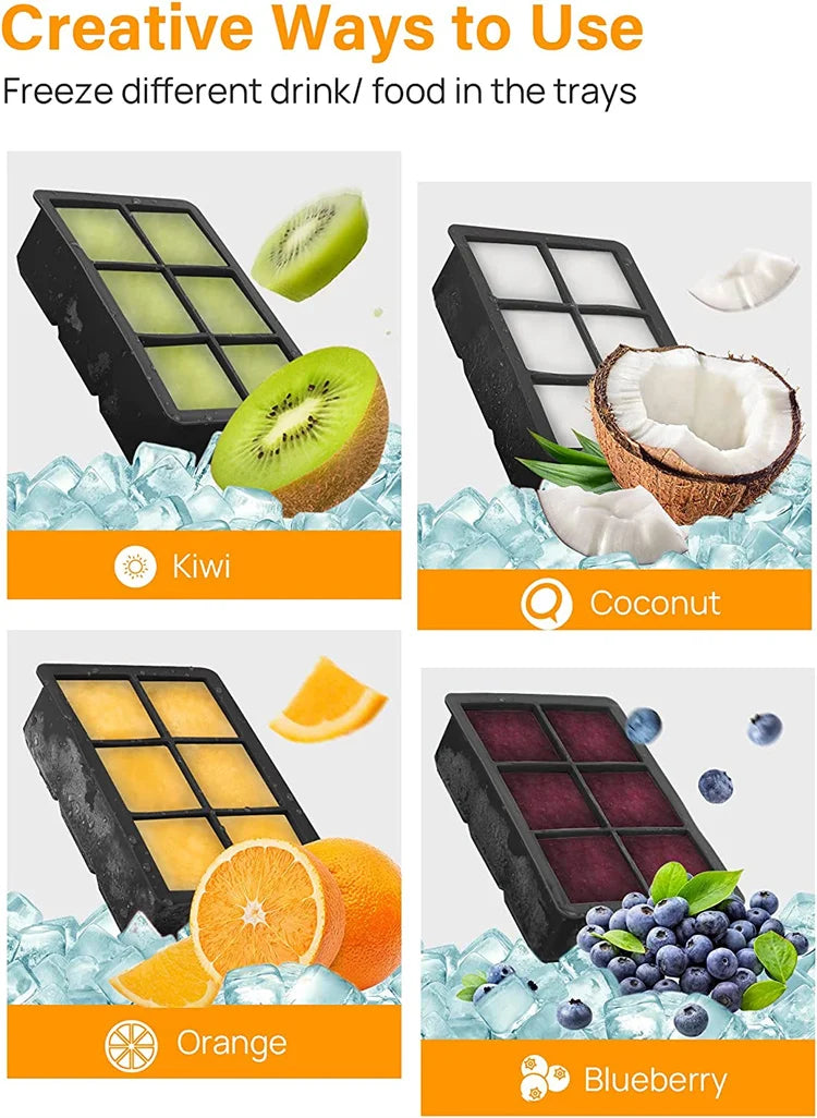 LMETJMA Bandejas grandes para cubitos de hielo con tapas, moldes cuadrados de silicona para cubitos de hielo, moldes para cubitos de hielo sin BPA para cócteles de whisky JT09